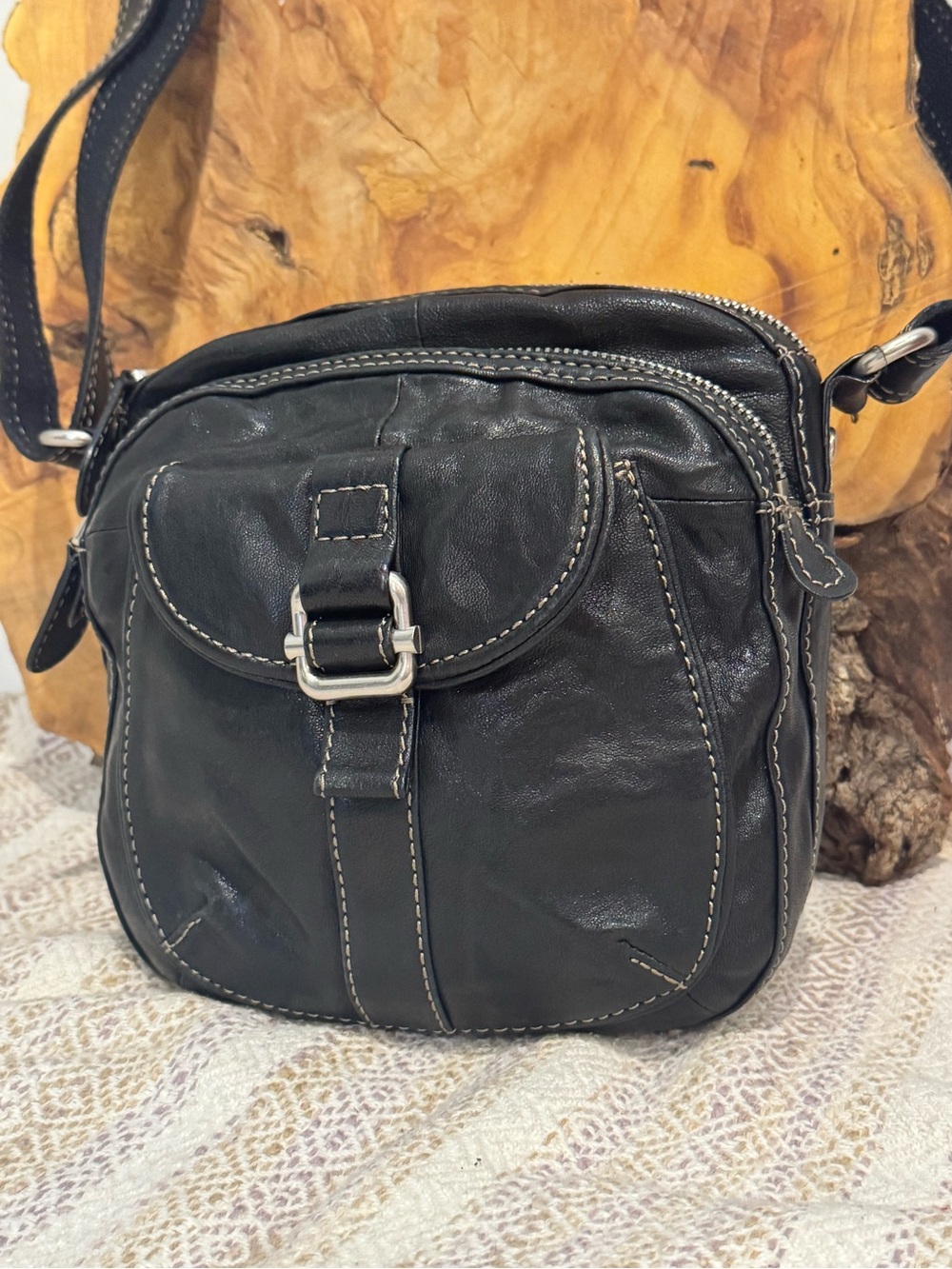 Fossil Darby Black Leather Crossbody Bag Adjustable Strap